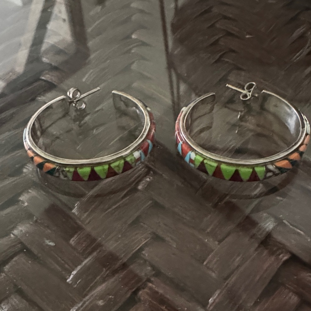 Colorful Inlay Hoop Earrings - Multi-Color - Picture 2 of 3